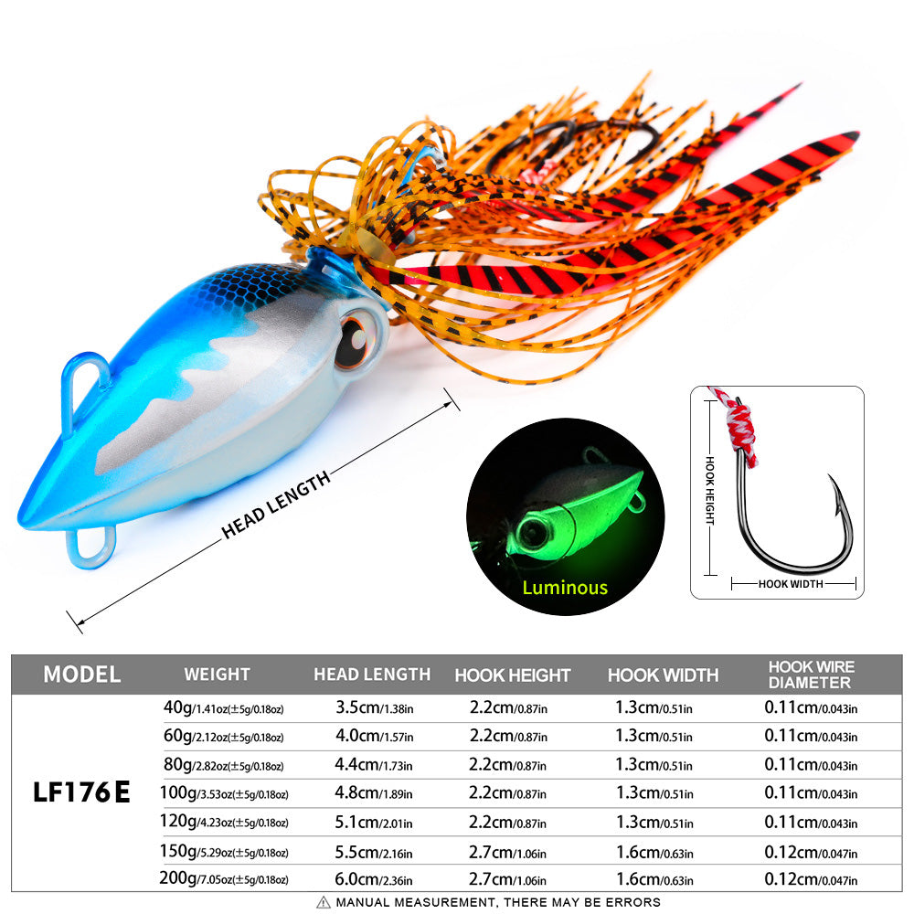 KATYUSHA Octopus Metal Jig Lure, 40g-200g, with Silicone Skirt Saltwater Slow Pitch Jigging Bait, Realistic Squid Design