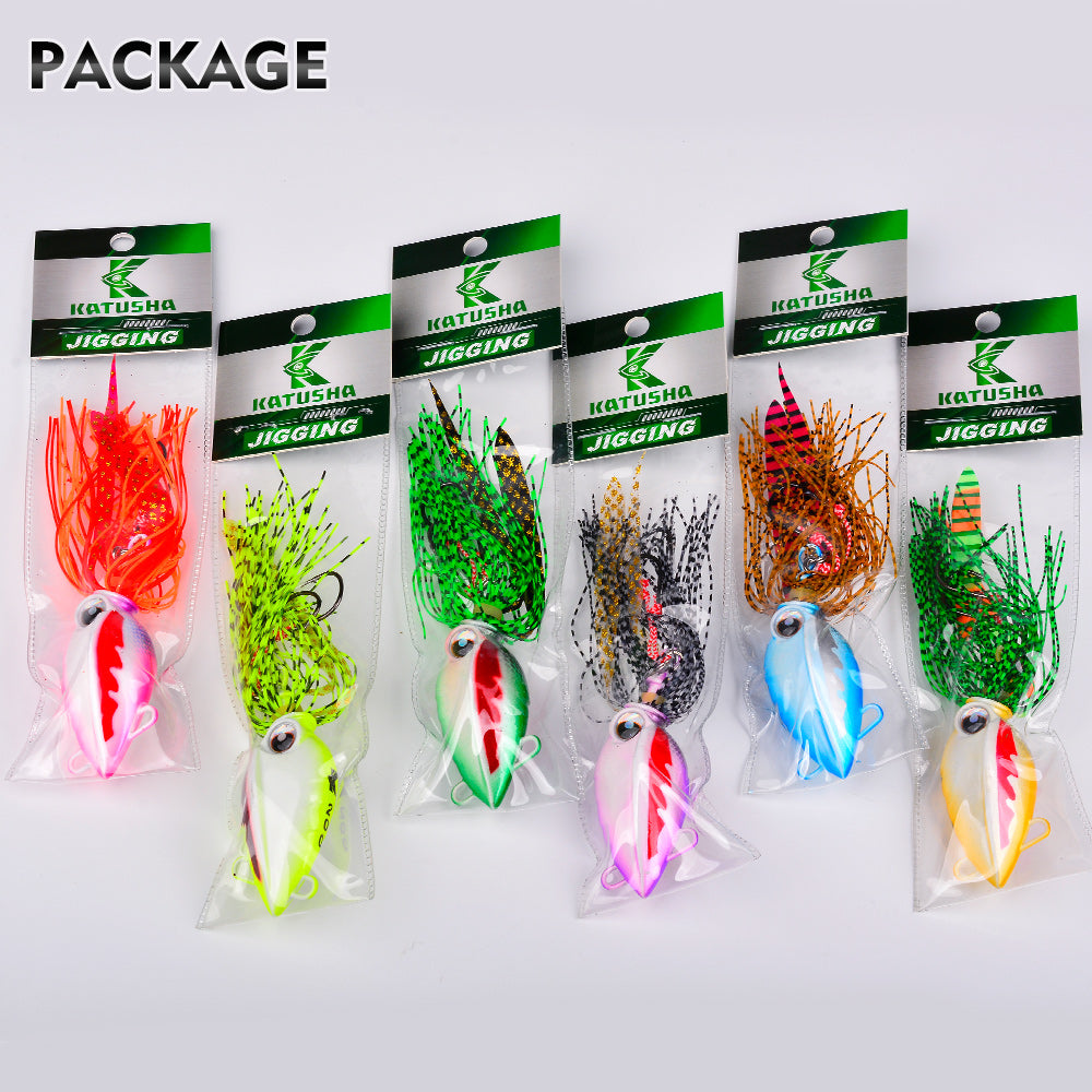 KATYUSHA Octopus Metal Jig Lure, 40g-200g, with Silicone Skirt Saltwater Slow Pitch Jigging Bait, Realistic Squid Design