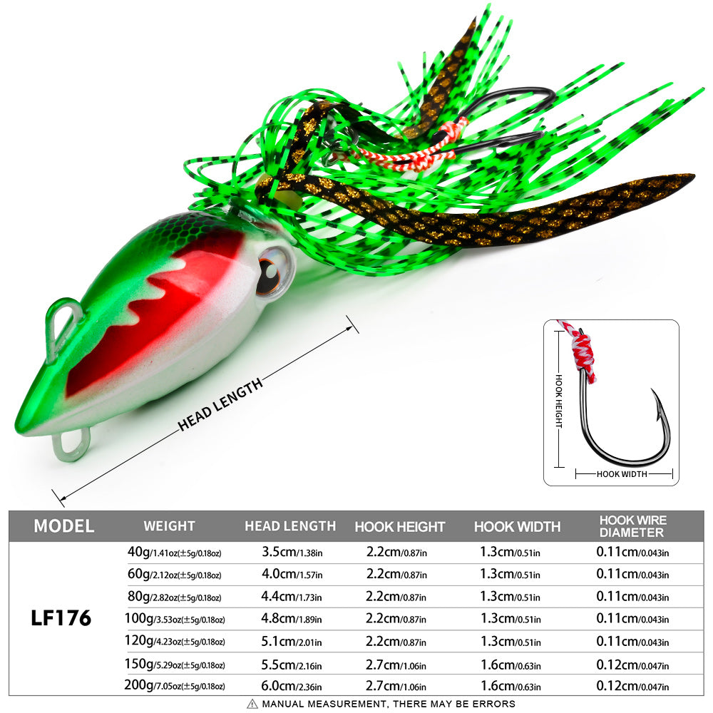 KATYUSHA Octopus Metal Jig Lure, 40g-200g, with Silicone Skirt Saltwater Slow Pitch Jigging Bait, Realistic Squid Design