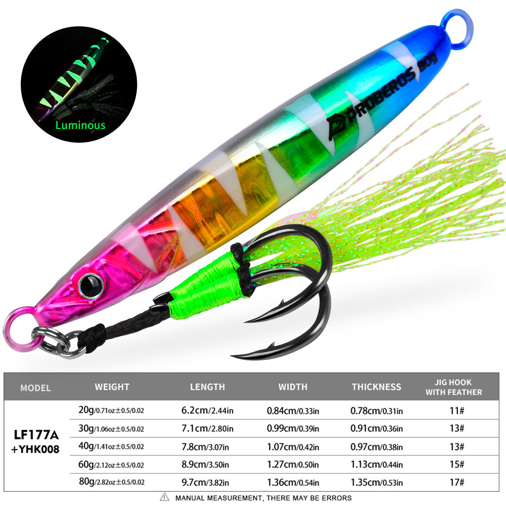 KATYUSHA Metal Jig Lure, 20g-80g, with Feather Assist Hook Saltwater Vertical Jigging Bait, Green Holographic Fish Design