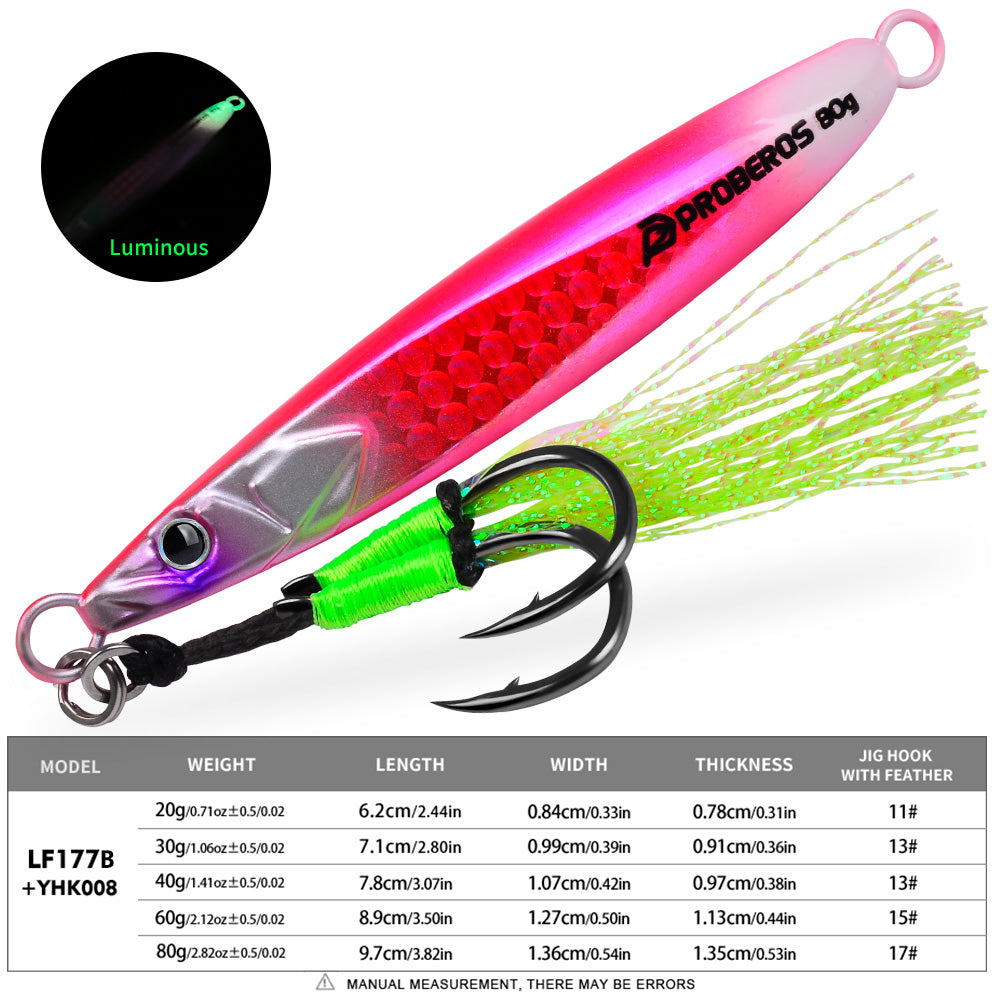 KATYUSHA Metal Jig Lure, 20g-80g, with Feather Assist Hook Saltwater Vertical Jigging Bait, Green Holographic Fish Design