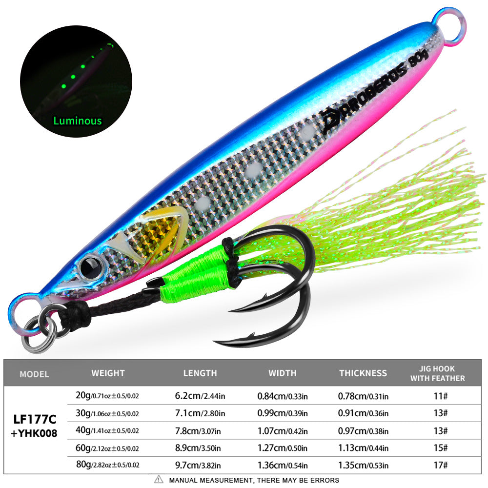 KATYUSHA Metal Jig Lure, 20g-80g, with Feather Assist Hook Saltwater Vertical Jigging Bait, Green Holographic Fish Design