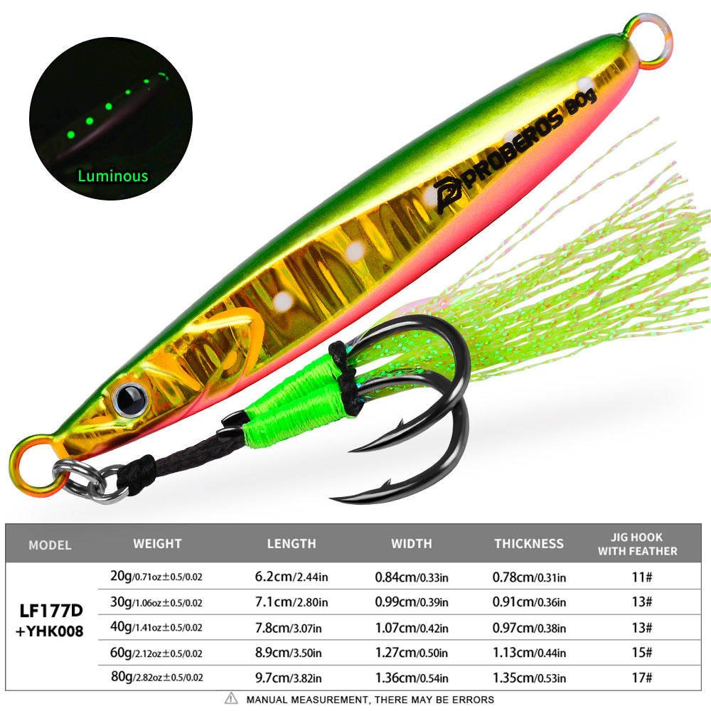 KATYUSHA Metal Jig Lure, 20g-80g, with Feather Assist Hook Saltwater Vertical Jigging Bait, Green Holographic Fish Design