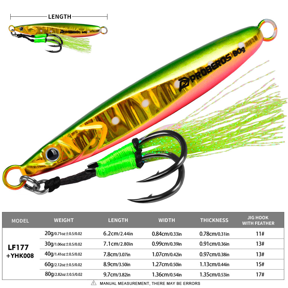 KATYUSHA Metal Jig Lure, 20g-80g, with Feather Assist Hook Saltwater Vertical Jigging Bait, Green Holographic Fish Design