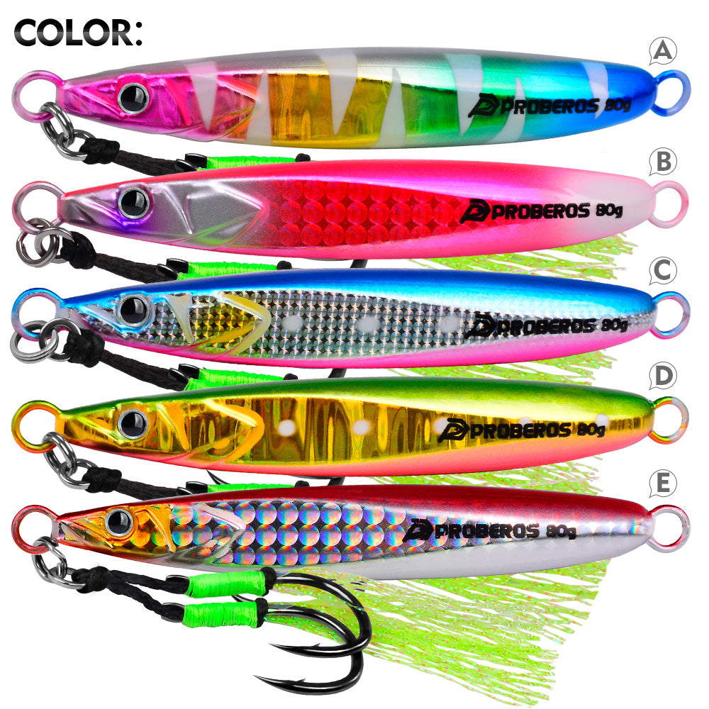 KATYUSHA Metal Jig Lure, 20g-80g, with Feather Assist Hook Saltwater Vertical Jigging Bait, Green Holographic Fish Design