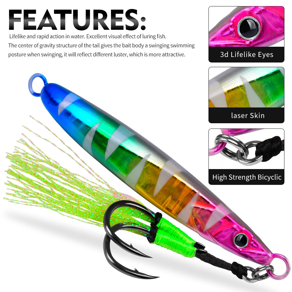 KATYUSHA Metal Jig Lure, 20g-80g, with Feather Assist Hook Saltwater Vertical Jigging Bait, Green Holographic Fish Design