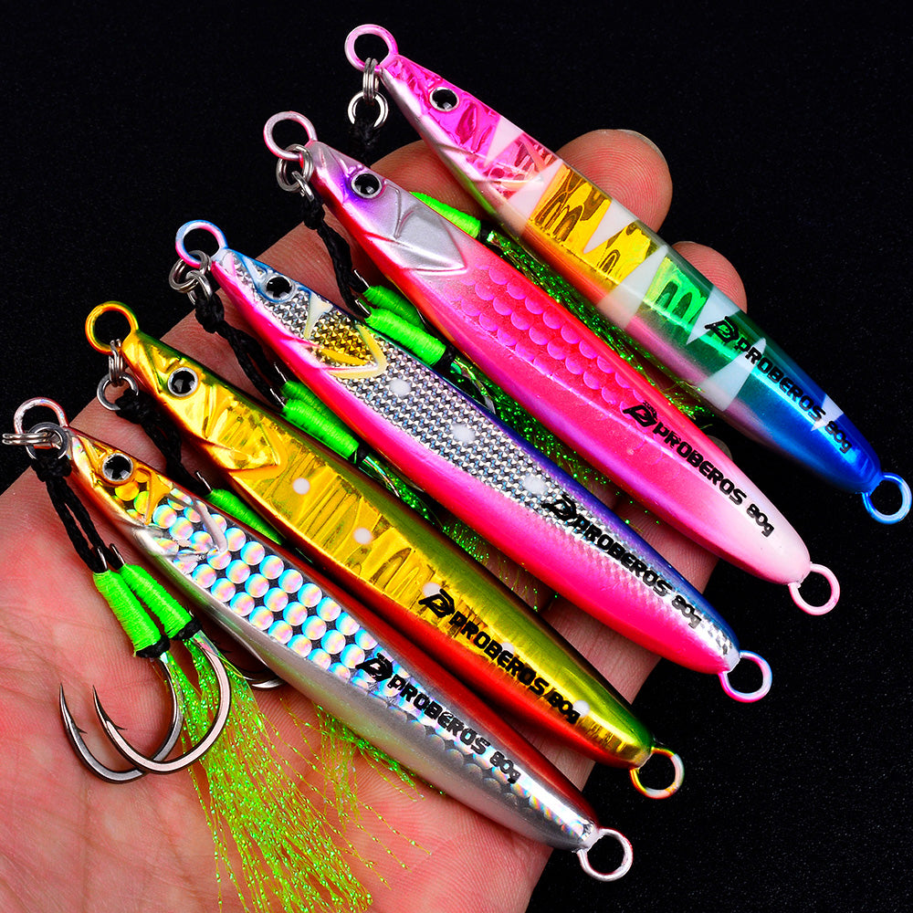 KATYUSHA Metal Jig Lure, 20g-80g, with Feather Assist Hook Saltwater Vertical Jigging Bait, Green Holographic Fish Design