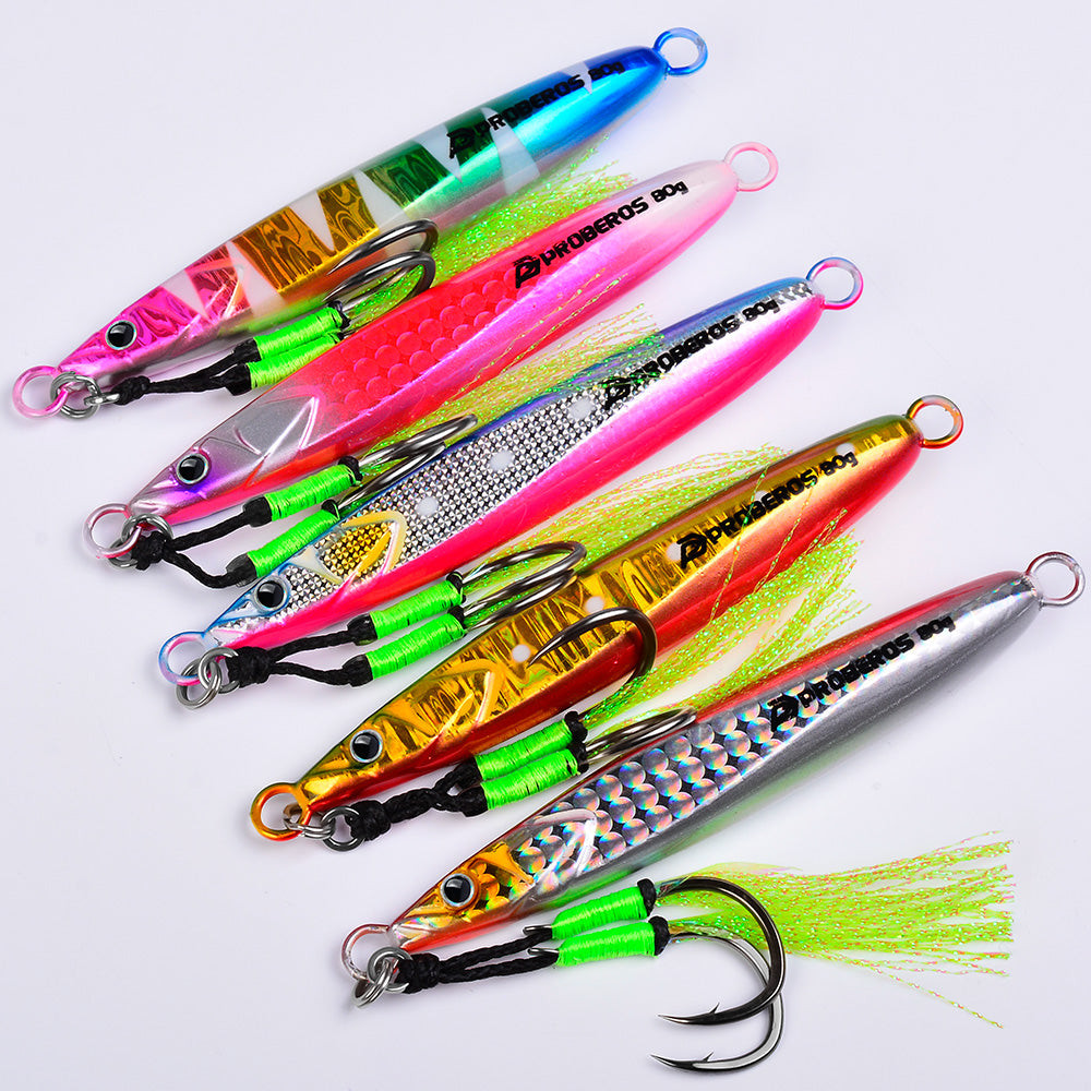 KATYUSHA Metal Jig Lure, 20g-80g, with Feather Assist Hook Saltwater Vertical Jigging Bait, Green Holographic Fish Design