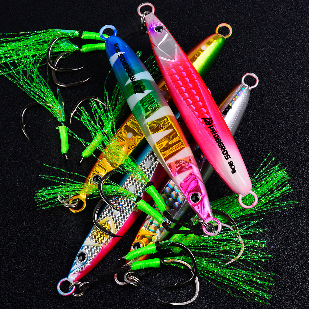 KATYUSHA Metal Jig Lure, 20g-80g, with Feather Assist Hook Saltwater Vertical Jigging Bait, Green Holographic Fish Design
