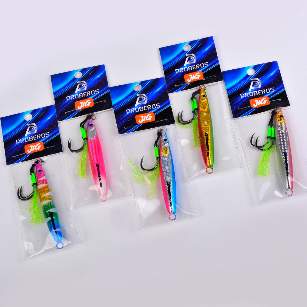 KATYUSHA Metal Jig Lure, 20g-80g, with Feather Assist Hook Saltwater Vertical Jigging Bait, Green Holographic Fish Design