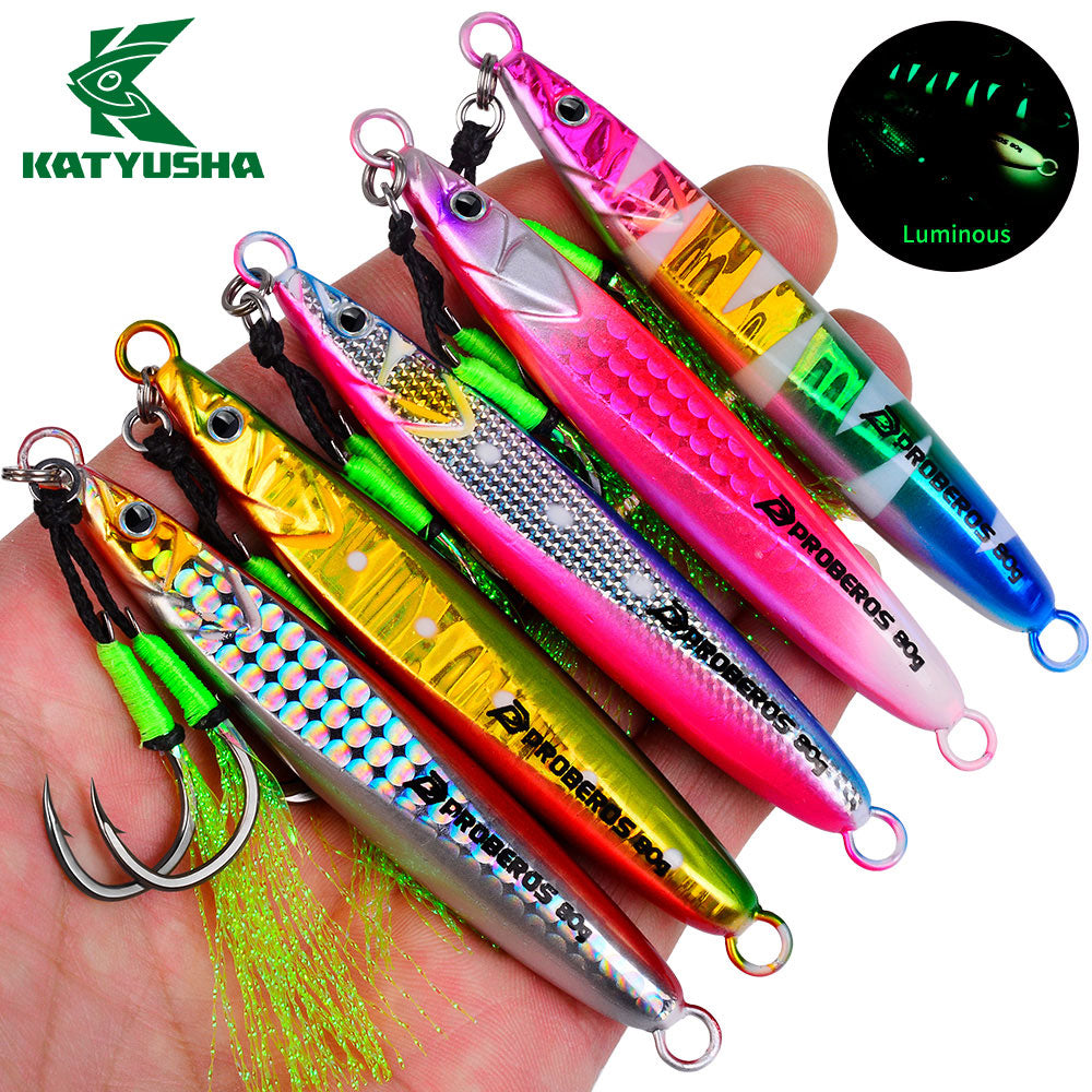 KATYUSHA Metal Jig Lure, 20g-80g, with Feather Assist Hook Saltwater Vertical Jigging Bait, Green Holographic Fish Design
