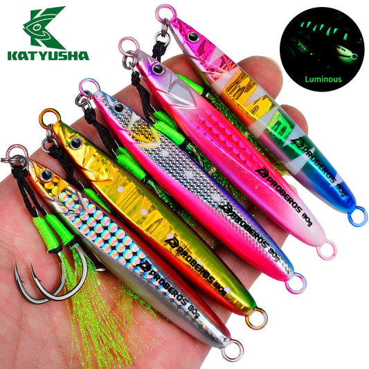 KATUYSHA Metal Jig Lure, 20g-80g, with Feather Assist Hook Saltwater Vertical Jigging Bait, Green Holographic Fish Design