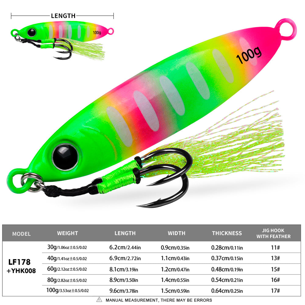 KATYUSHA Metal Jig Lure, 30g-100g, with Feather Assist Hook Saltwater Luminous Striped Vertical Jigging Bait