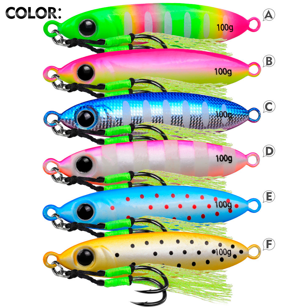 KATYUSHA Metal Jig Lure, 30g-100g, with Feather Assist Hook Saltwater Luminous Striped Vertical Jigging Bait