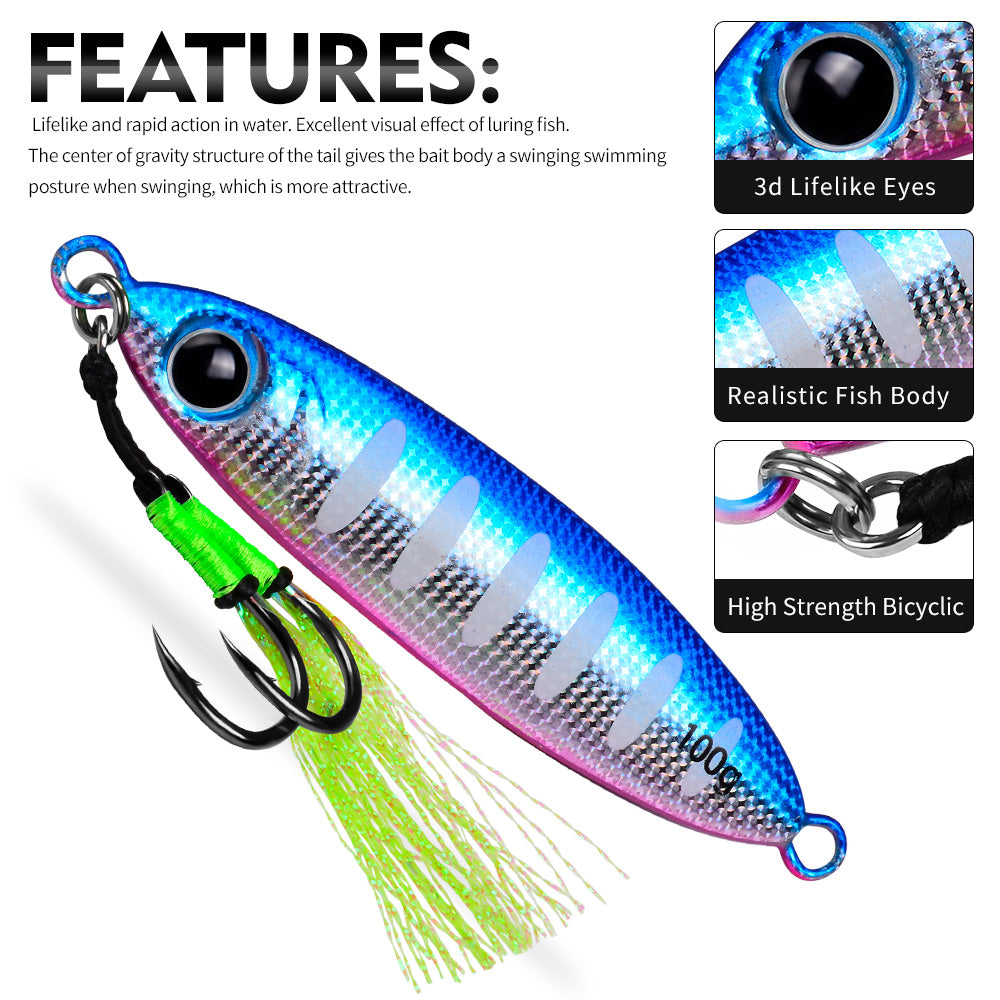 KATYUSHA Metal Jig Lure, 30g-100g, with Feather Assist Hook Saltwater Luminous Striped Vertical Jigging Bait