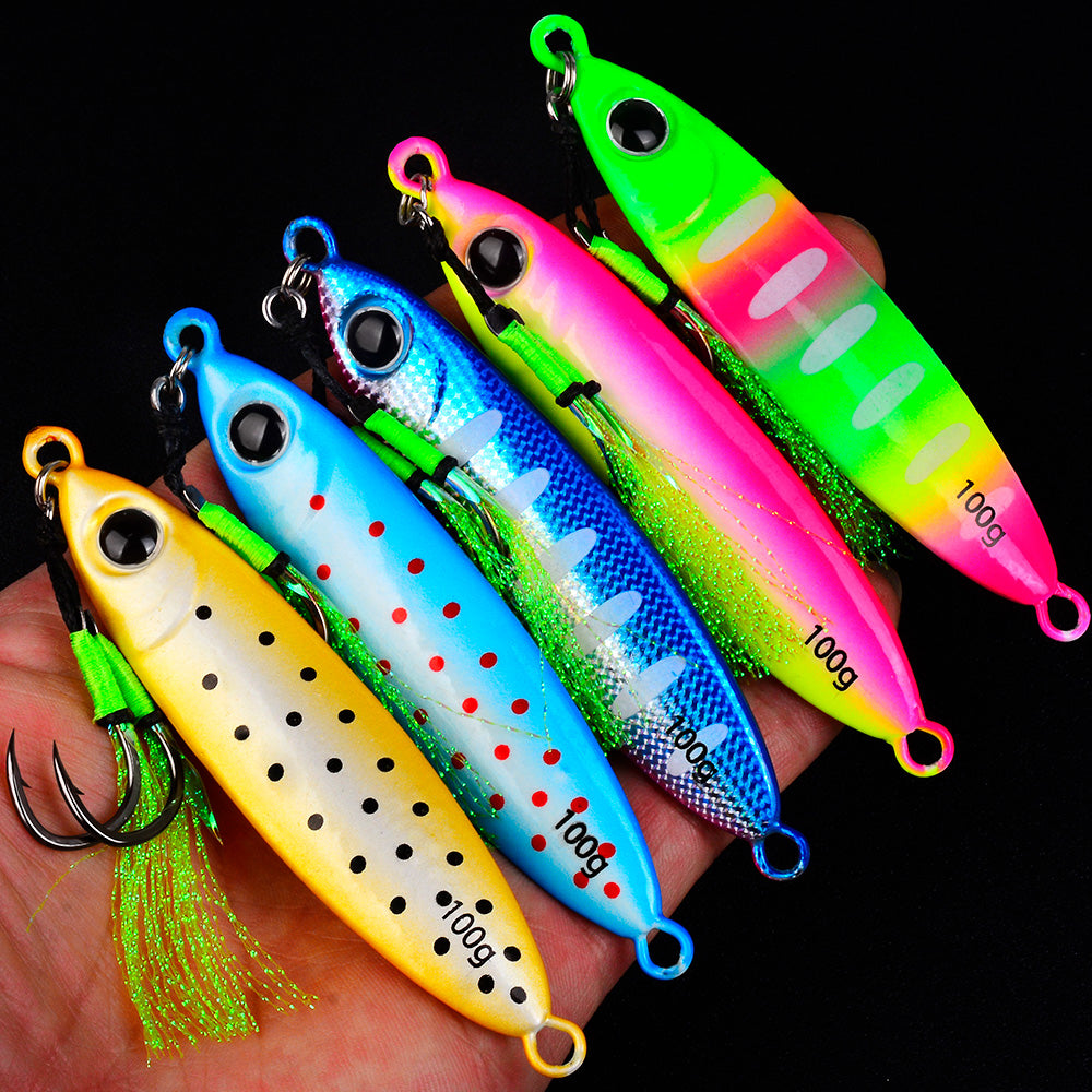 KATYUSHA Metal Jig Lure, 30g-100g, with Feather Assist Hook Saltwater Luminous Striped Vertical Jigging Bait