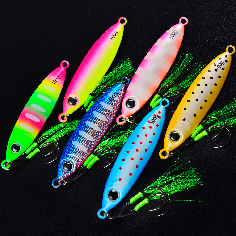 KATYUSHA Metal Jig Lure, 30g-100g, with Feather Assist Hook Saltwater Luminous Striped Vertical Jigging Bait