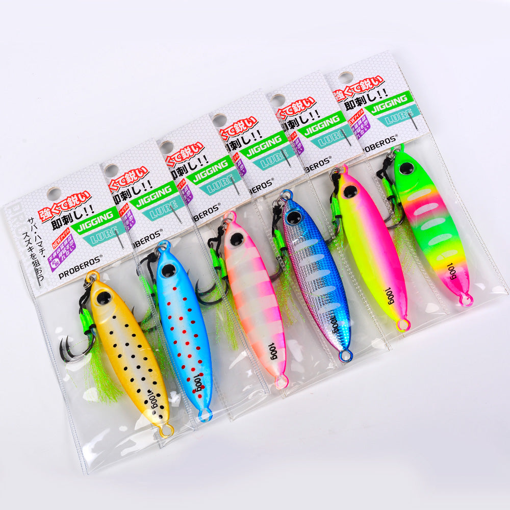 KATYUSHA Metal Jig Lure, 30g-100g, with Feather Assist Hook Saltwater Luminous Striped Vertical Jigging Bait