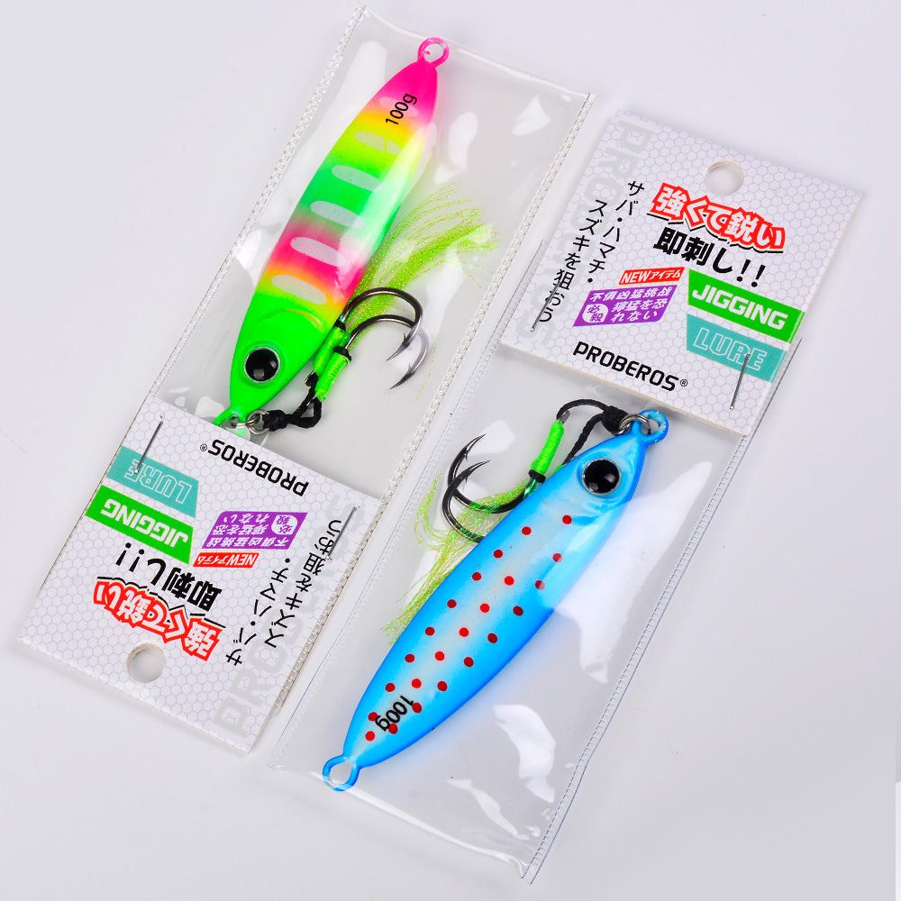 KATYUSHA Metal Jig Lure, 30g-100g, with Feather Assist Hook Saltwater Luminous Striped Vertical Jigging Bait