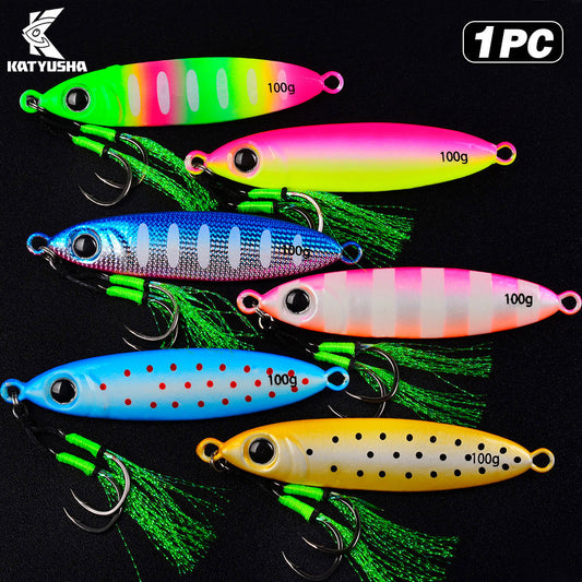 KATUYSHA Metal Jig Lure, 30g-100g, with Feather Assist Hook Saltwater Luminous Striped Vertical Jigging Bait