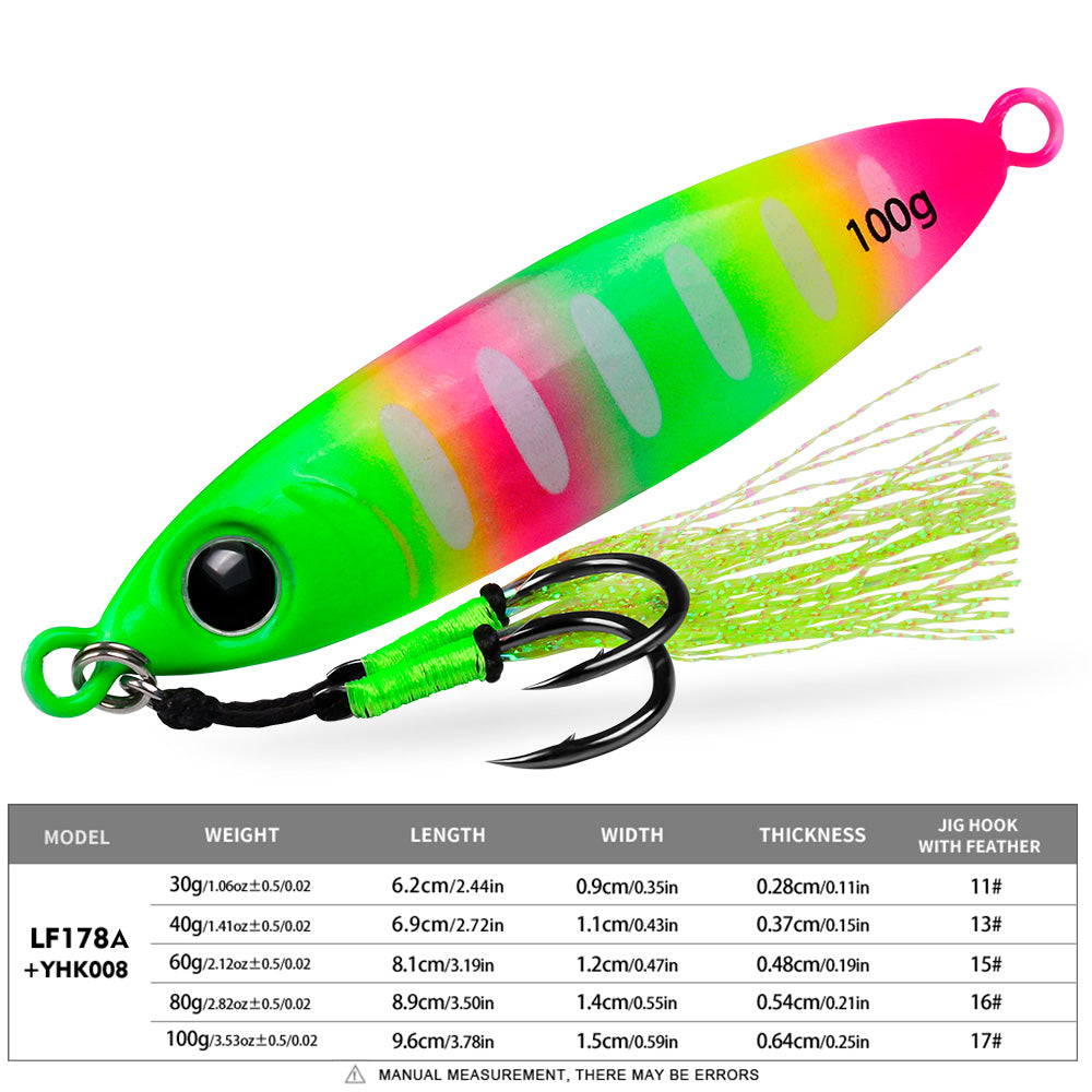 KATYUSHA Metal Jig Lure, 30g-100g, with Feather Assist Hook Saltwater Luminous Striped Vertical Jigging Bait