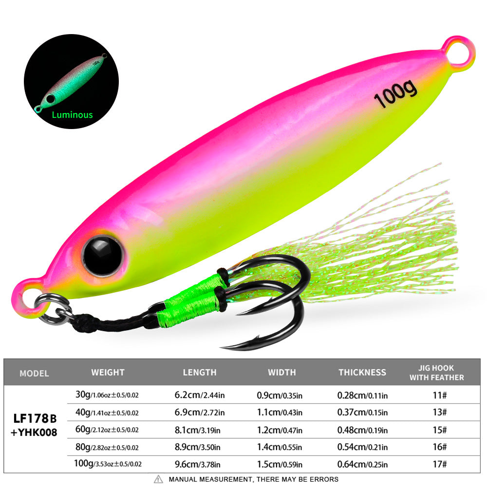 KATYUSHA Metal Jig Lure, 30g-100g, with Feather Assist Hook Saltwater Luminous Striped Vertical Jigging Bait