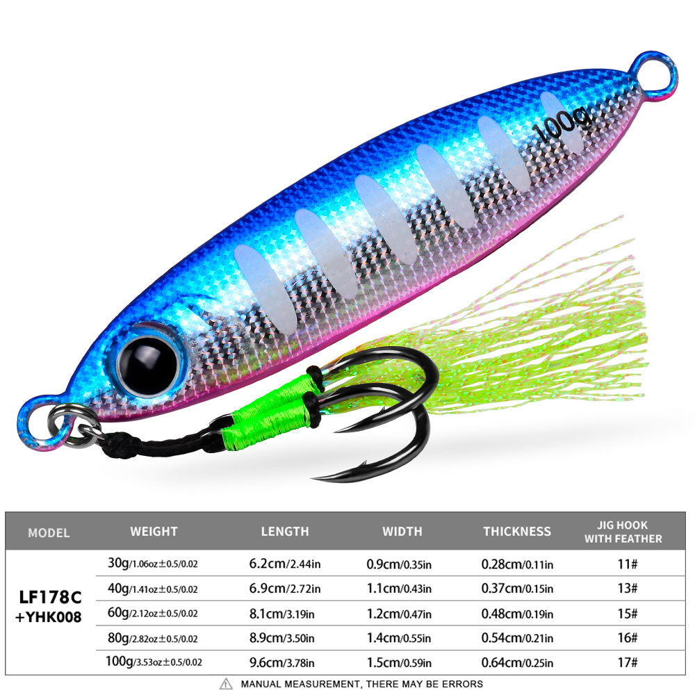 KATYUSHA Metal Jig Lure, 30g-100g, with Feather Assist Hook Saltwater Luminous Striped Vertical Jigging Bait