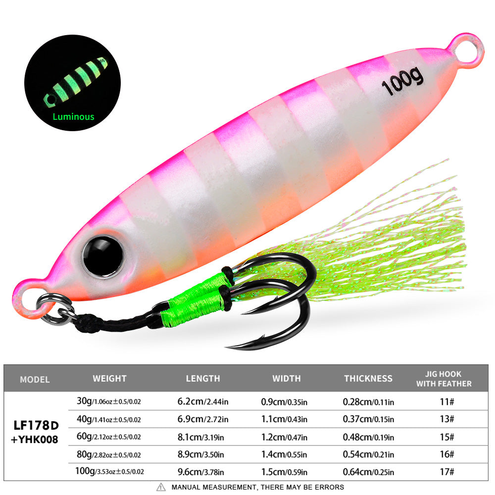 KATYUSHA Metal Jig Lure, 30g-100g, with Feather Assist Hook Saltwater Luminous Striped Vertical Jigging Bait