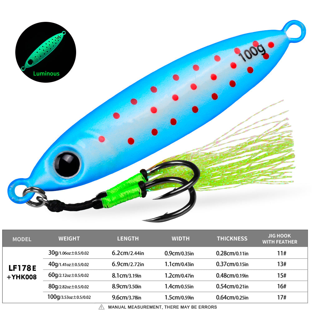 KATYUSHA Metal Jig Lure, 30g-100g, with Feather Assist Hook Saltwater Luminous Striped Vertical Jigging Bait