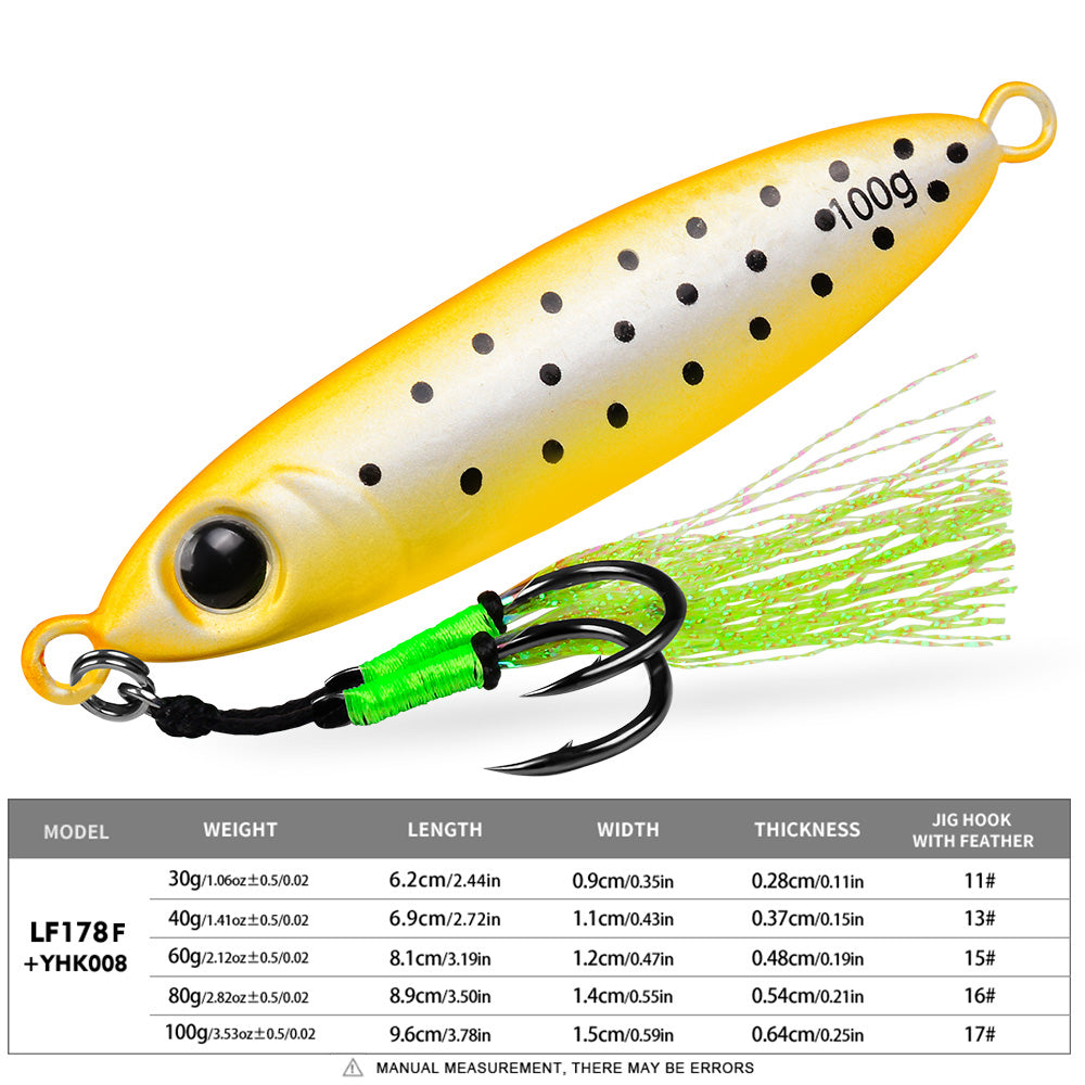 KATYUSHA Metal Jig Lure, 30g-100g, with Feather Assist Hook Saltwater Luminous Striped Vertical Jigging Bait