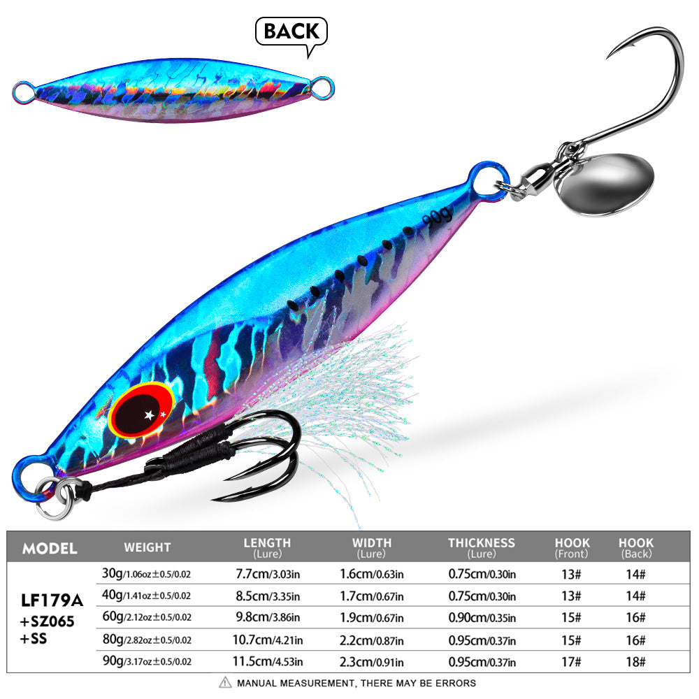 KATYUSHA Metal Jig Lure, 30g-90g, with Spoon Blade &amp; Dual Hooks Saltwater Vertical Jigging Bait, Holographic Striped Design