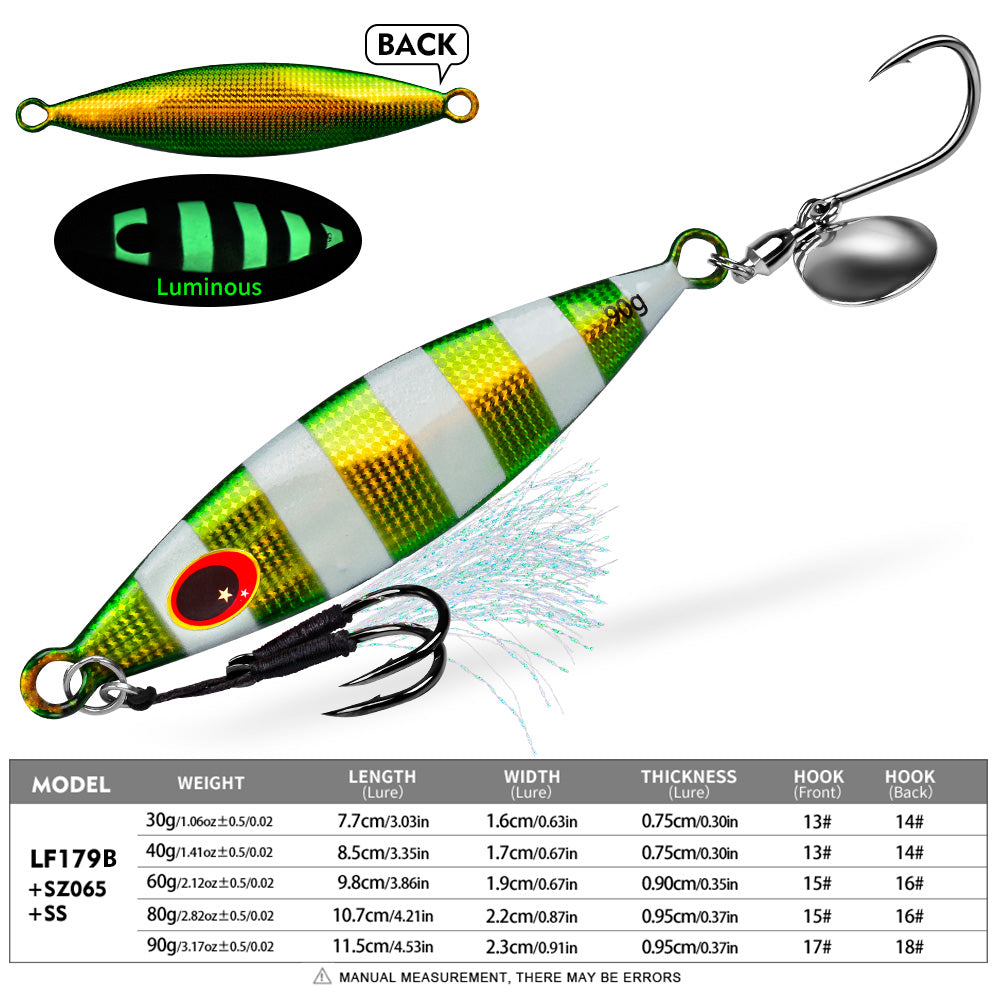 KATYUSHA Metal Jig Lure, 30g-90g, with Spoon Blade &amp; Dual Hooks Saltwater Vertical Jigging Bait, Holographic Striped Design