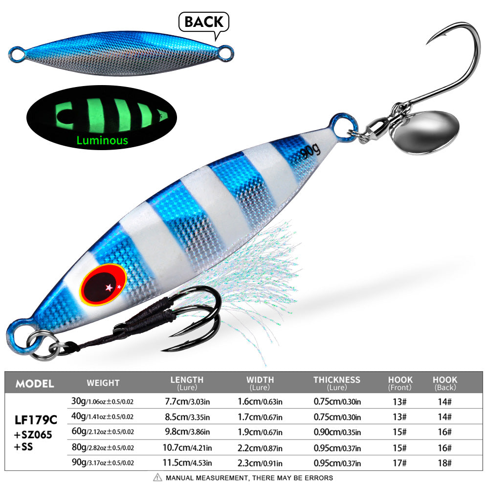 KATYUSHA Metal Jig Lure, 30g-90g, with Spoon Blade &amp; Dual Hooks Saltwater Vertical Jigging Bait, Holographic Striped Design