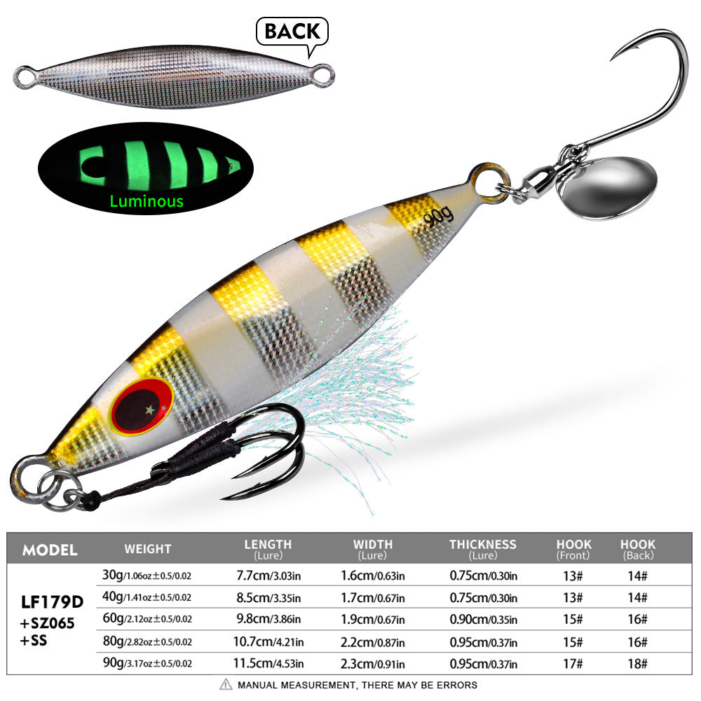 KATYUSHA Metal Jig Lure, 30g-90g, with Spoon Blade &amp; Dual Hooks Saltwater Vertical Jigging Bait, Holographic Striped Design