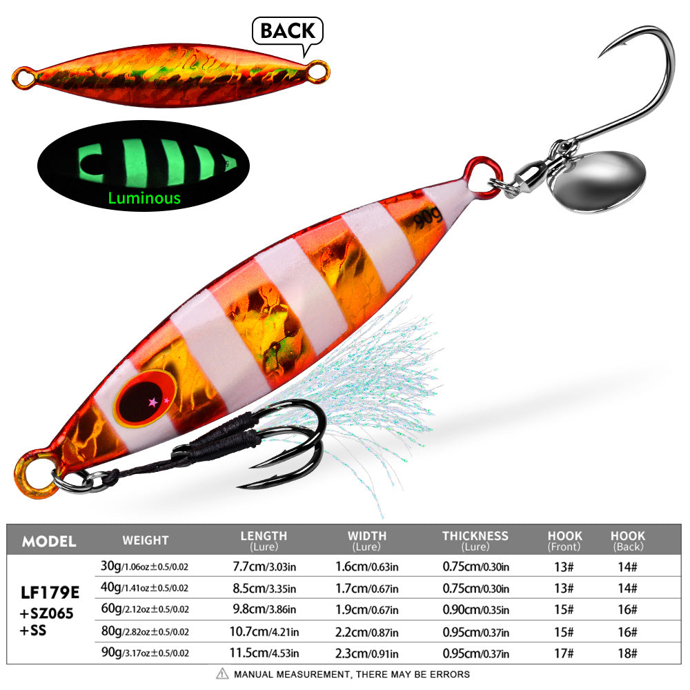 KATYUSHA Metal Jig Lure, 30g-90g, with Spoon Blade &amp; Dual Hooks Saltwater Vertical Jigging Bait, Holographic Striped Design