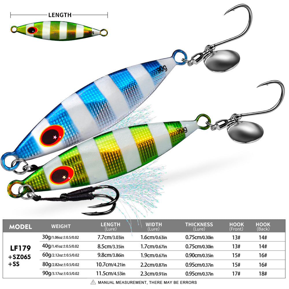 KATYUSHA Metal Jig Lure, 30g-90g, with Spoon Blade &amp; Dual Hooks Saltwater Vertical Jigging Bait, Holographic Striped Design