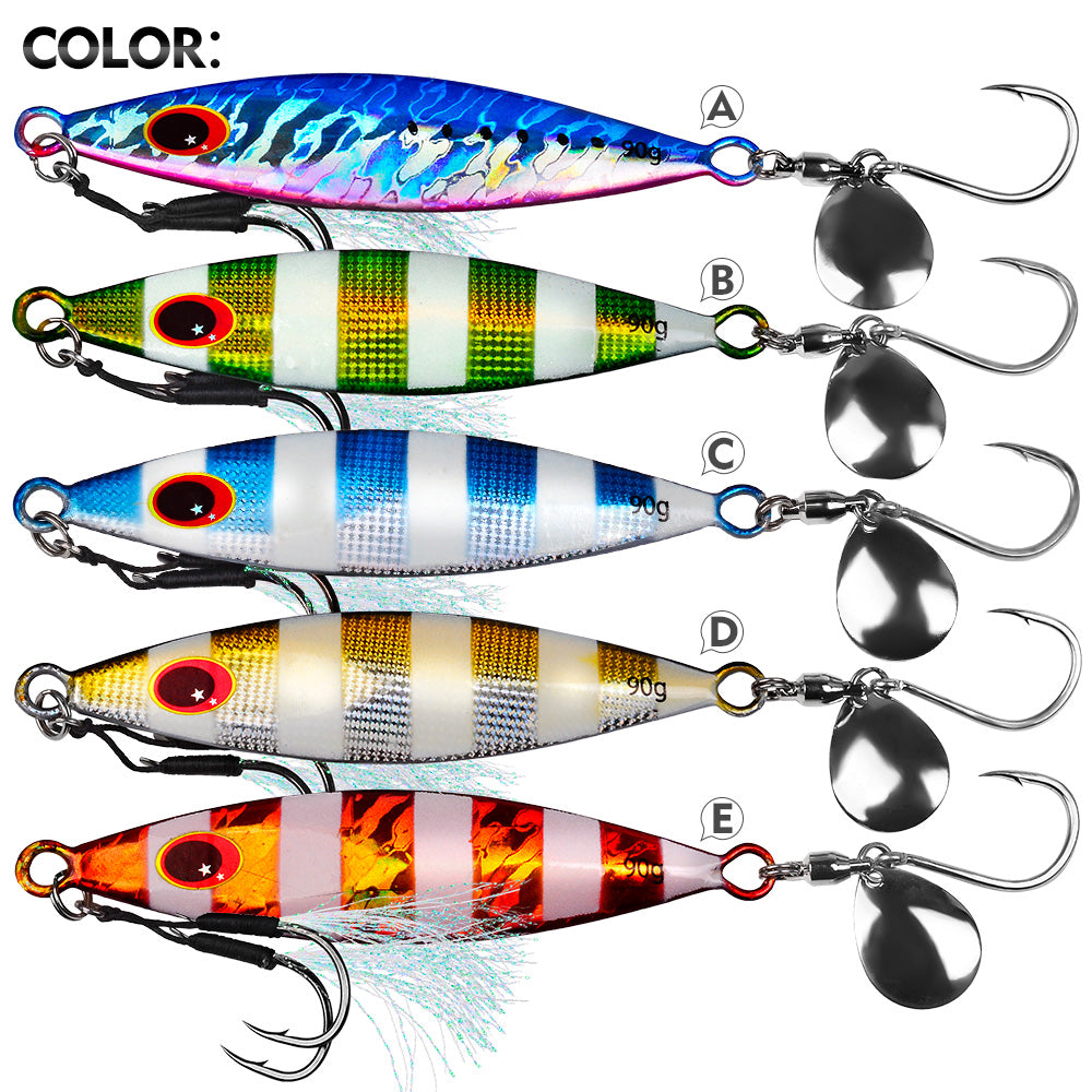 KATYUSHA Metal Jig Lure, 30g-90g, with Spoon Blade &amp; Dual Hooks Saltwater Vertical Jigging Bait, Holographic Striped Design