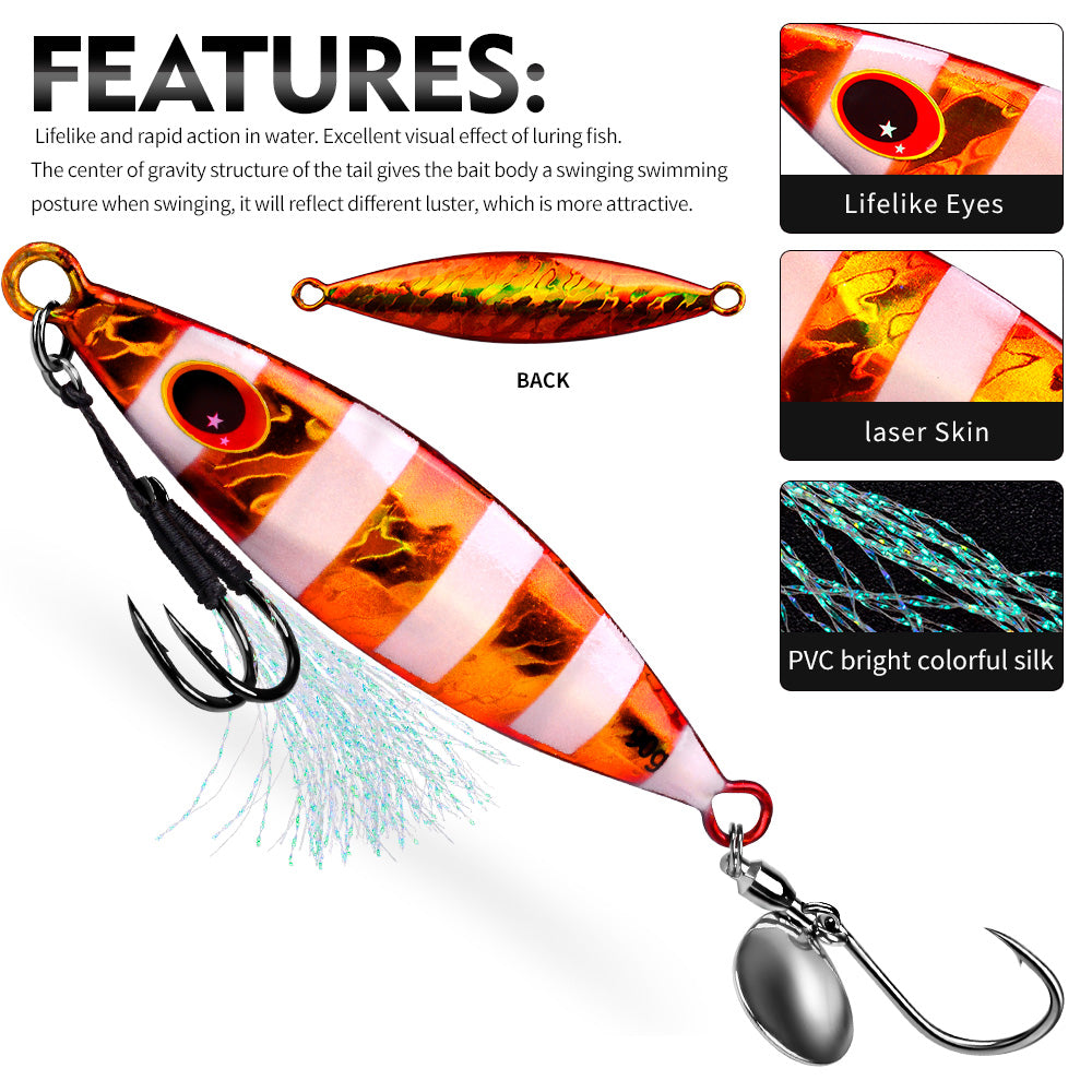 KATYUSHA Metal Jig Lure, 30g-90g, with Spoon Blade &amp; Dual Hooks Saltwater Vertical Jigging Bait, Holographic Striped Design