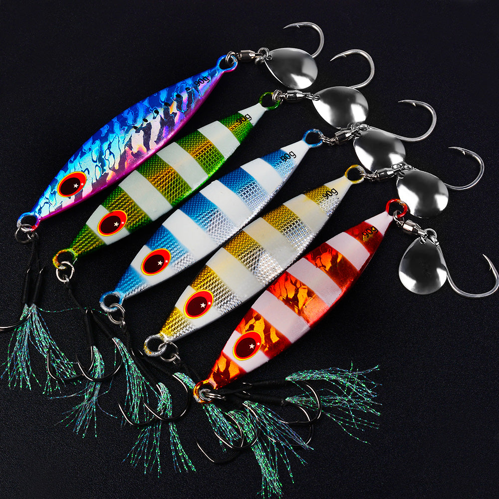 KATYUSHA Metal Jig Lure, 30g-90g, with Spoon Blade &amp; Dual Hooks Saltwater Vertical Jigging Bait, Holographic Striped Design