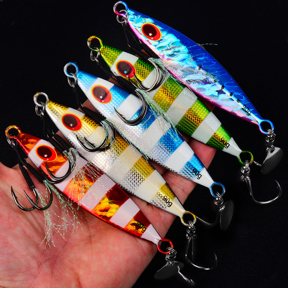 KATYUSHA Metal Jig Lure, 30g-90g, with Spoon Blade &amp; Dual Hooks Saltwater Vertical Jigging Bait, Holographic Striped Design