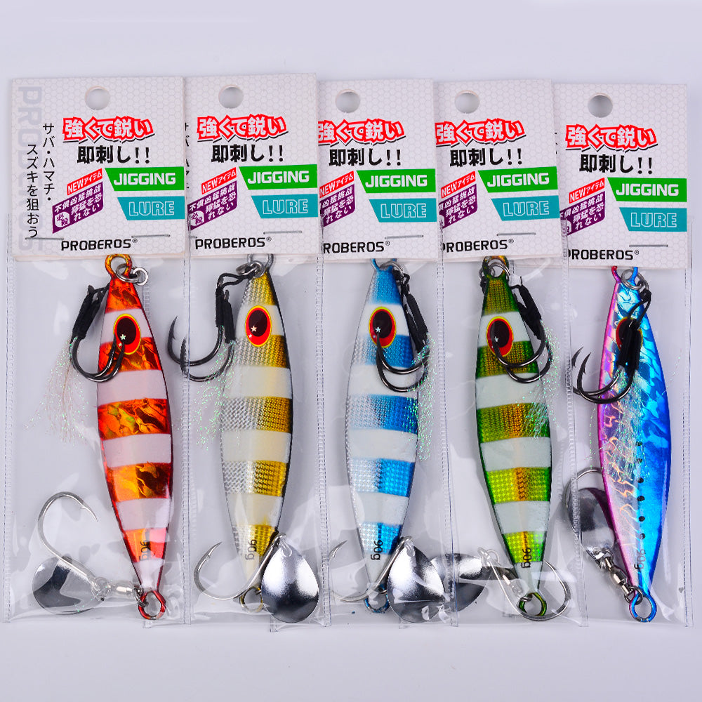 KATYUSHA Metal Jig Lure, 30g-90g, with Spoon Blade &amp; Dual Hooks Saltwater Vertical Jigging Bait, Holographic Striped Design