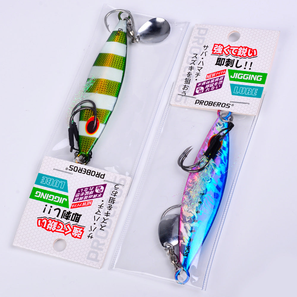 KATYUSHA Metal Jig Lure, 30g-90g, with Spoon Blade &amp; Dual Hooks Saltwater Vertical Jigging Bait, Holographic Striped Design