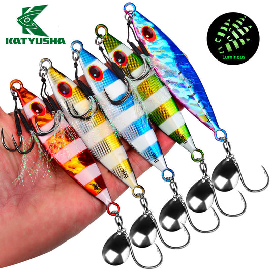 KATUYSHA Metal Jig Lure, 30g-90g, with Spoon Blade &amp; Dual Hooks Saltwater Vertical Jigging Bait, Holographic Striped Design