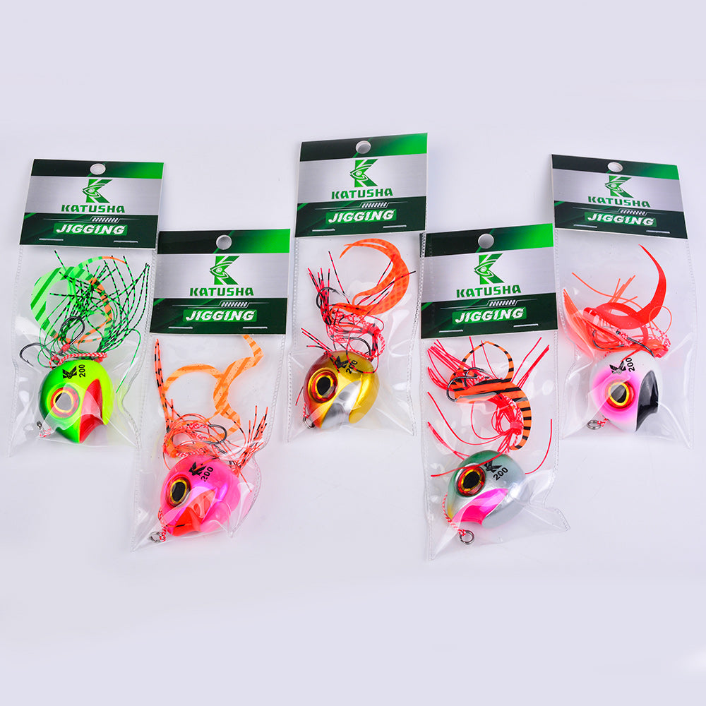 KATYUSHA Tai Rubber Jig Lure, 60g-200g, with Silicone Skirt Saltwater Tairaba Slow Pitch Jigging Bait, Big Eye Design
