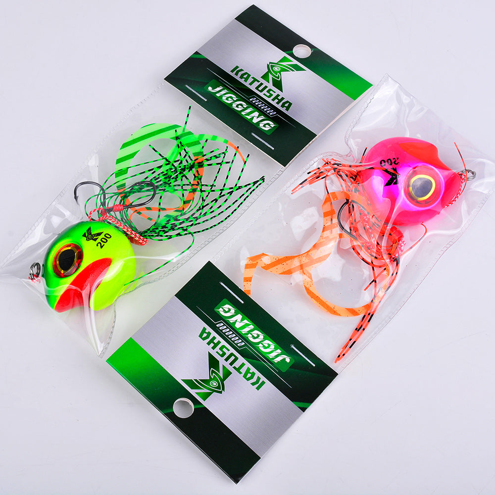 KATYUSHA Tai Rubber Jig Lure, 60g-200g, with Silicone Skirt Saltwater Tairaba Slow Pitch Jigging Bait, Big Eye Design
