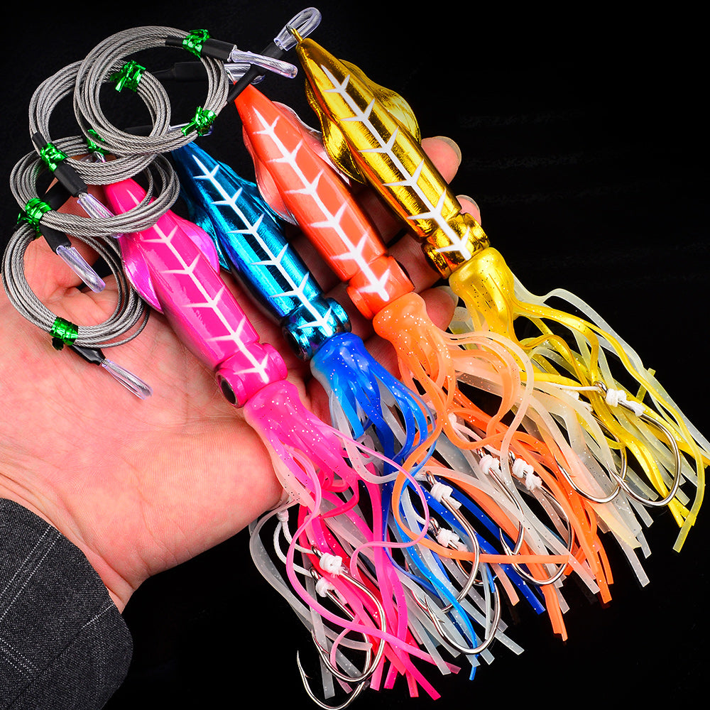 KATYUSHA Squid Lure, 115g-261g, with Wire Leader ; Double Hooks Saltwater Deep-Sea Squid Jigging Bait
