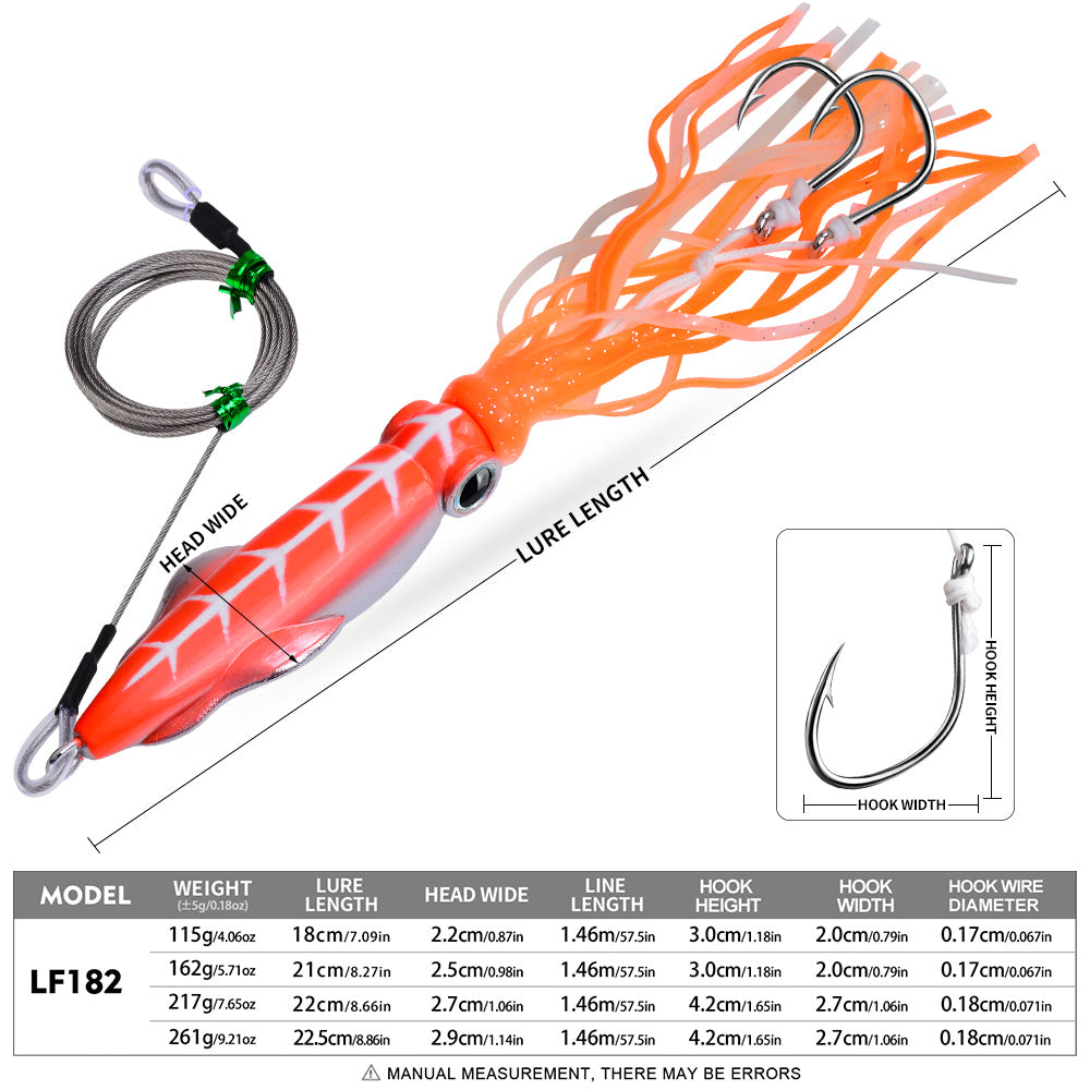KATYUSHA Squid Lure, 115g-261g, with Wire Leader ; Double Hooks Saltwater Deep-Sea Squid Jigging Bait