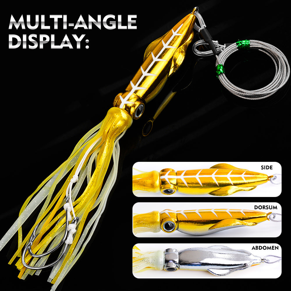 KATYUSHA Squid Lure, 115g-261g, with Wire Leader ; Double Hooks Saltwater Deep-Sea Squid Jigging Bait
