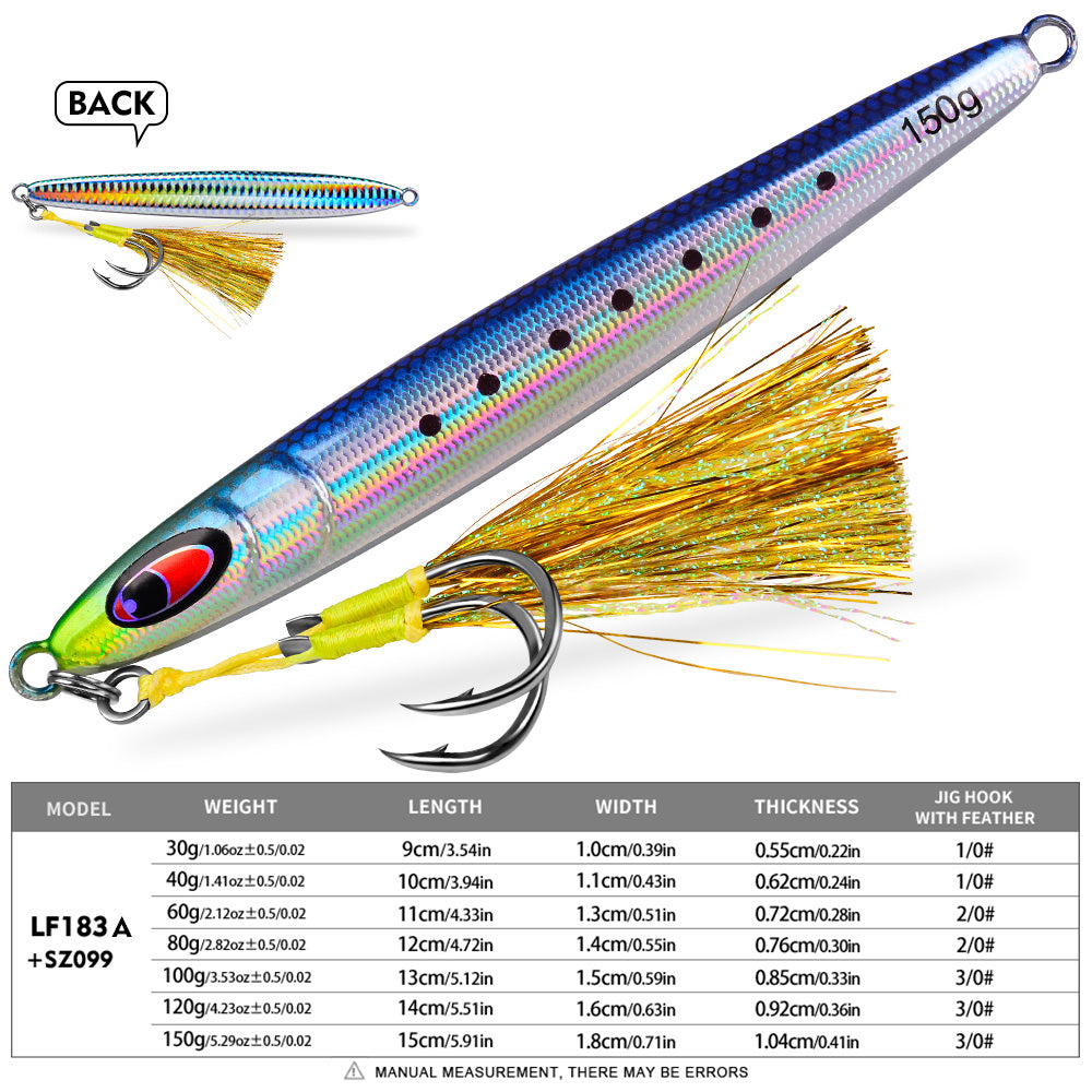 KATYUSHA Metal Jig Lure, 30g-150g, Realistic Fish Scale Design Saltwater Fast Sinking Vertical Jigging Bait（with Feather Assist Hook）