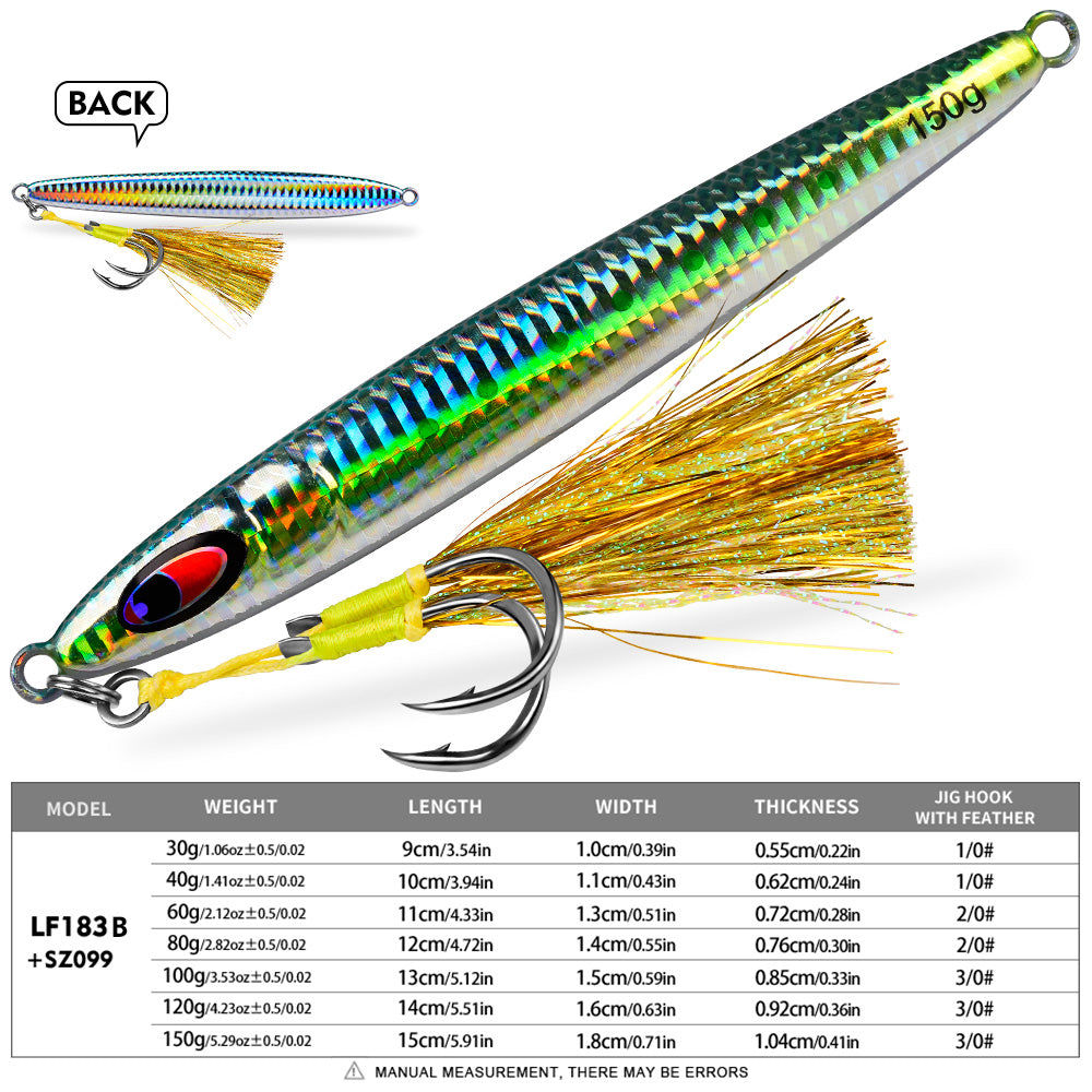 KATYUSHA Metal Jig Lure, 30g-150g, Realistic Fish Scale Design Saltwater Fast Sinking Vertical Jigging Bait（with Feather Assist Hook）